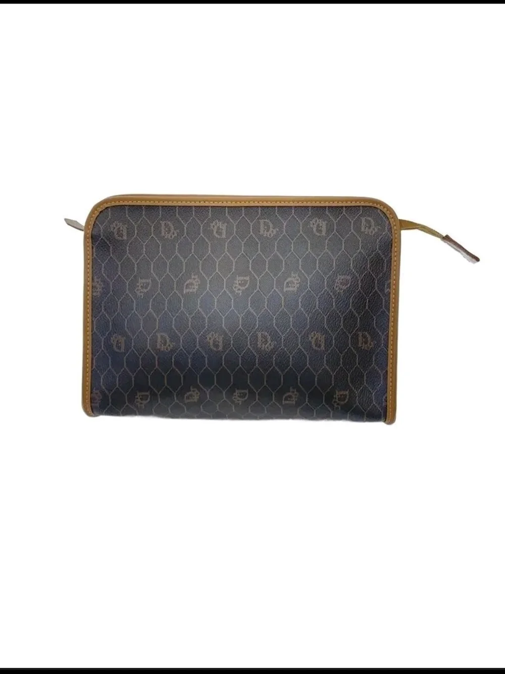 Christian Dior Cosmetic Brown Patterned Zip Pouch with Tan Trim